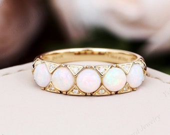 5 Stone Natural Opal Engagement Ring Unique 14K/18K Yellow Gold Wedding Ring Antique Vintage Ring Natural Diamond Ring For Women Anniversary