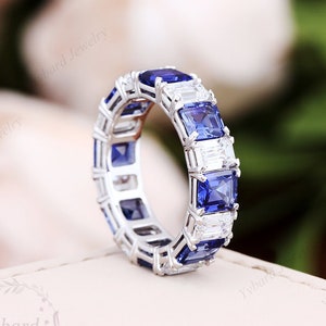 Emerald Cut Lab Created Sapphire and Moissanite Wedding Band Full Eternity Matching Band Solid White Gold Ring Classic Bridal Ring For Women
