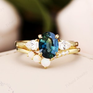 Blue Green Sapphire Engagement Ring Sets Unique Solid 14K/18K Yellow Gold Wedding Set Vintage Teal Sapphire Bridal Set Ring Promise Ring