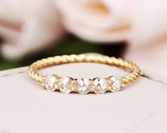 Round Rose Cut Moissanite Wedding Band Solid Yellow Gold Twist Band Stacking Matching Band Unique Art Deco Anniversary Promise Bridal Ring