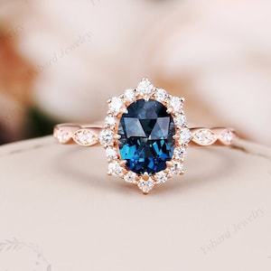 Oval Rosenschnitt Natürliche London Blauer Topas Ehering Roségold Versprechen Ring Blauer Edelstein Frauen Ring Moissanite Halo Verlobungsring
