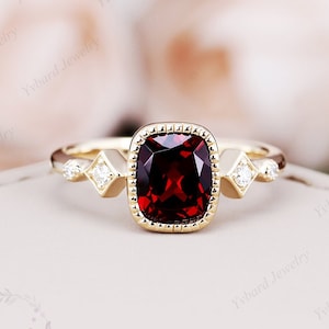 Natural Garnet Ring Solid 14k Yellow Gold Engagement Ring Diamond Wedding Ring Art Deco Antique Ring Gemstone Bridal Anniversary Ring Gift