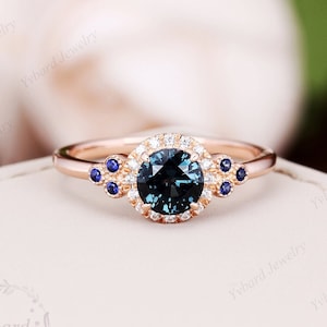 Natürlicher London Blue Topaz Ring, Rundschliff 6mm Topas Ring, Halo Diamant Ring, Solid Rose Gold Ehering, Verlobungsring, Jahrestag Ring