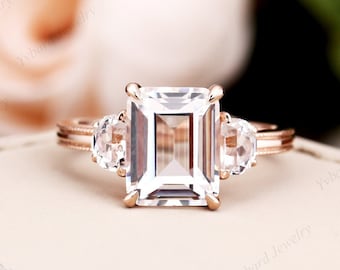 Emerald Cut 9*7mm White Sapphire Ring Solid Rose Gold Engagement Ring Unique Three Stone Ring For Women Bridal Promise Anniversary Ring