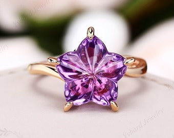 Natural Amethyst Engagement Ring Flower Shape Alternative Ring Unique Rose Gold Wedding Ring Art Deco Promise Ring February Birthstone Ring