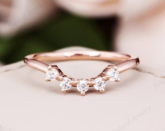 Vintage Moissanite Wedding Band Solid Rose Gold Round Cut Moissanite Matching Band Stacking Band Curved Wedding Band Unique Anniversary ring