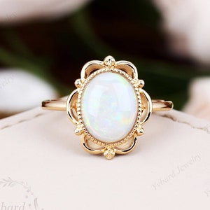 Vintage Opal Engagement Ring Solid Yellow Gold Solitaire Ring Oval Shape Opal Art deco Ring Wedding Promise Ring For Women Anniversary Gift