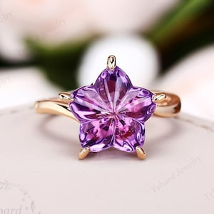 Natural Amethyst Engagement Ring Flower Shape Alternative Ring Unique Rose Gold Wedding Ring Art Deco Promise Ring February Birthstone Ring