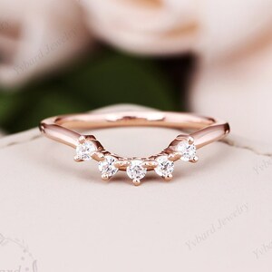 Vintage Moissanite Wedding Band Solid Rose Gold Round Cut Moissanite Matching Band Stacking Band Curved Wedding Band Unique Anniversary ring