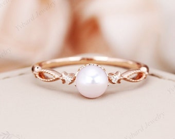 Vintage Natural Akoya Pearl Engagement Ring Solid 14K Rose Gold 5mm Round Pearl Diamond Ring Unique Milgrain Bridal Anniversary Promise Ring
