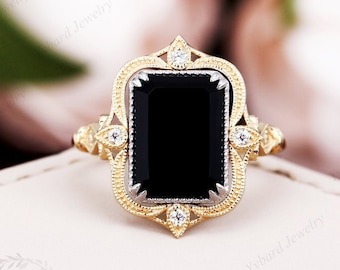 Anillo de ónix negro natural talla esmeralda, promesa de personalidad única, anillo bicolor de oro, anillo de boda de plata, gema negra, joyería art déco, regalos