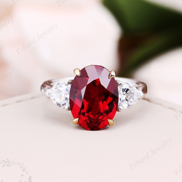 9*12mm Lab Created Ruby Engagement Ring, Solid Gold Ruby Ring, Heart Moissanite Three Stone Ring, Wedding Anniversary Ring, July Birthstone