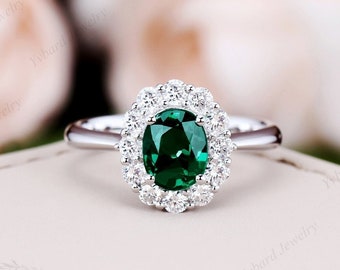 6x8mm Oval Cut Lab Created Emerald Ring Sold 10K/14K/18K White Gold Ring Moissanite Halo Ring Art Deco Engagement Ring Gemstone Bridal Ring