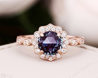 Round Rose Cut 1.5CT Alexandrite Engagement Ring, 14K Rose Gold Ring, Art Deco Moissanite Halo Ring,Vintage Milgrain Bridal Anniversary Ring