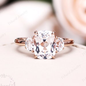 8.5*6.5mm Cushion Cut White Sapphire Ring Solid Rose Gold Engagement Ring Three Stone Ring Promise Anniverary Ring Birthday Gift For Her