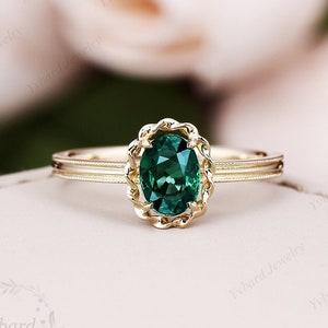 5*7mm Oval Cut Green Emerald Engagement Ring Solid Yellow Gold Engagement Ring Solitaire Bridal Ring Art Deco Promise Ring Anniversary Gift