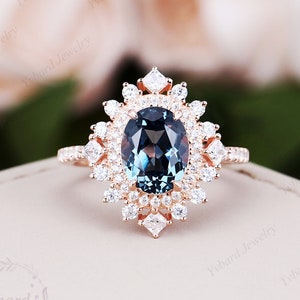 London Blue Topaz Verlobungsring, Oval Cut 7*9mm Natürlicher Topaz Brautring, Moissanit Halo Art Deco Ring, Rose Gold Frauen Versprechen Ring