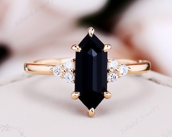 Long Hexagon Cut Black Onyx Ring Vintage Solid Gold / Silver Engagement Ring Cluster Moissanite Wedding Ring Art Deco Promise Ring for Women