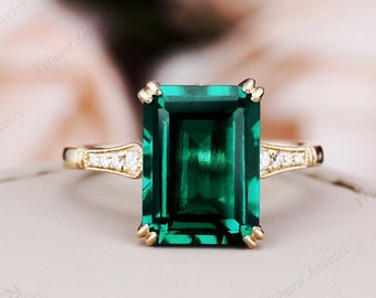 Emerald Engagement Ring Solid 10K/14K/18K Yellow Gold Wedding Ring 3.85ct Lab Created Green Emerald Ring Moissanite Bridal Ring Promise Ring