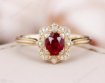 Ruby Yellow Gold Ring Diamond Natural Ruby Engagement Bridal Ring July Birthstone Anniversary Ring Milgrain Unique Rings Halo Promise Ring