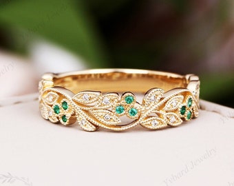 Natural Emerald Band Solid 14K/18K Yellow Gold Diamond Ring Milgrain Vintage Art Deco Anniversary Band Women Diamond Wedding Ring Band Gift