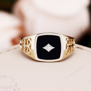 Aliança de casamento vintage masculina sólida de ouro 14K em dois tons, anel exclusivo de ônix preto natural, aliança de aniversário com diamante verdadeiro, presente de noiva para ele