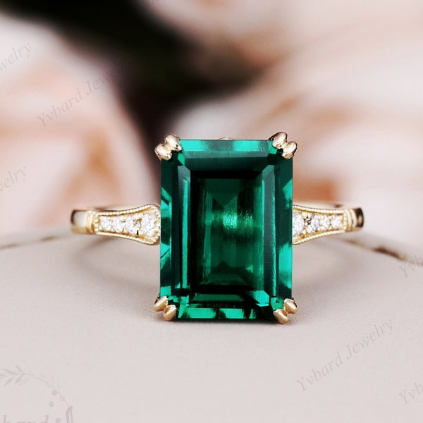 Emerald Engagement Ring Solid 10K/14K/18K Yellow Gold Wedding Ring 3.85ct Lab Created Green Emerald Ring Moissanite Bridal Ring Promise Ring