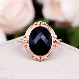 Vintage 10*12mm Oval Rose Cut Black Onyx Ring Solid Rose Gold / Silver Engagement Ring Minimalist Solitaire Ring Women Antique Promise Ring