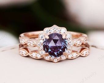 Vintage Alexandrite Engagement Ring Set 14K Rose Gold Wedding Ring Art Deco Round Rose Cut Bridal Set Unique Halo Milgrain Anniversary Ring