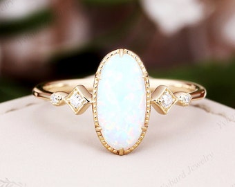Vintage Opal Engagement Ring, Solid 14K Yellow Gold Wedding Ring, Birthday Promise Ring, Gold Opal Ring, Bridal Anniverary Ring Gift For Her