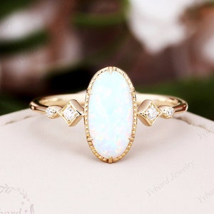 Vintage Opal Engagement Ring, Solid 14K Yellow Gold Wedding Ring, Birthday Promise Ring, Gold Opal Ring, Bridal Anniverary Ring Gift For Her