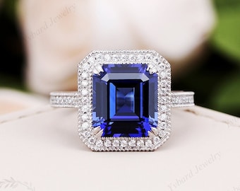 Brilliant 9*10mm Emerald Cut Lab Created Blue Sapphire Engagement Ring White Gold Halo Design Ring For Women Anniversary Ring Christmas Gift