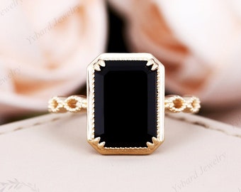 Anillo de oro con ónix, anillo de compromiso de ónix negro natural con corte esmeralda, anillo solitario de oro macizo de 18 K/14 K/10 K, anillo delicado, anillo de bodas vintage