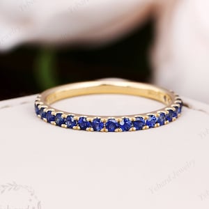 Natural Blue Sapphire Wedding Band Solid Gold Half Eternity Band Women Stackable Ring Anniversary Matching Band Dainty Bridal Promise Ring