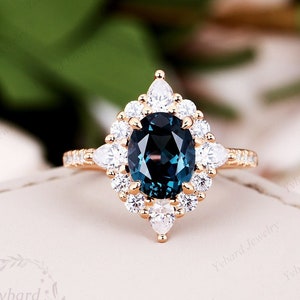 7*9mm Oval Natur London Blau Topas Ring Solid Rose Gold Verlobungsring Moissanit Halo Art Deco Ring Dezember Geburtsstein Edelstein Ring Sie