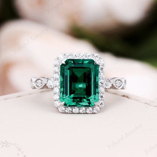 Emerald Verloving Ring 3.50ct Emerald Cut Solid Wit Goud Verloving Ring Halo Ring Moissanite Bruidsring Belofte Ring Verjaardagscadeau