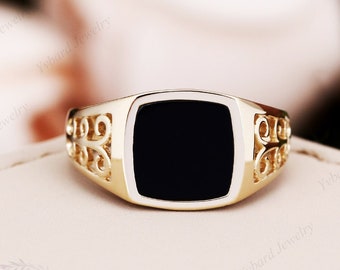 Mens Ring Black Onyx Signet Gold Ring, Solid Yellow Gold Signet Ring, Natural Onyx Gold Rings for Men Jewelry, Anniversary Bridal Ring Gift
