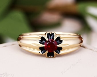 Vintage bague rubis rouge naturel bague de fiançailles en or jaune massif bague fleur antique Art déco juillet pierre de naissance bague cadeau d'anniversaire pour elle