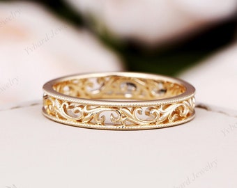 Solid Gold Vintage Band Ring, Yellow Gold Wedding Ring Band, Plain Gold Stacking Ring Hollow Design Pattern Rings for Women Anniversary Band