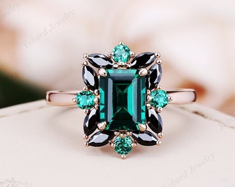 Emerald Ring Vintage Emerald Engagement Ring Solid Rose Gold Black Sapphire Ring Unique Antique Wedding Promise Anniversary Ring For Her