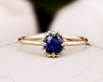 Natural Sapphire Engagement Ring Oval Cut Blue Sapphire Bridal Ring Solid Yellow Gold Wedding Ring Solitaire Ring For Women Anniversary Gift