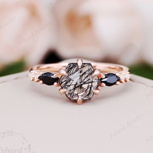 Hexagon Rose Cut Natural Black Rutilated Quartz Anniversary Ring Vintage Solid Rose Gold Engagement Ring Promise Ring Gemstone Wedding Ring
