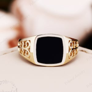 Mens Ring Black Onyx Signet Gold Ring, Solid Yellow Gold Signet Ring, Natural Onyx Gold Rings for Men Jewelry, Anniversary Bridal Ring Gift
