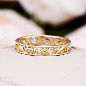 Solid Gold Vintage Band Ring, Yellow Gold Wedding Ring Band, Plain Gold Stacking Ring Hollow Design Pattern Rings for Women Anniversary Band