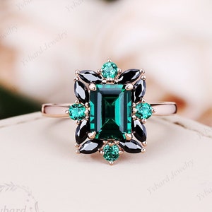 Emerald Ring Vintage Emerald Engagement Ring Solid Rose Gold Black Sapphire Ring Unique Antique Wedding Promise Anniversary Ring For Her