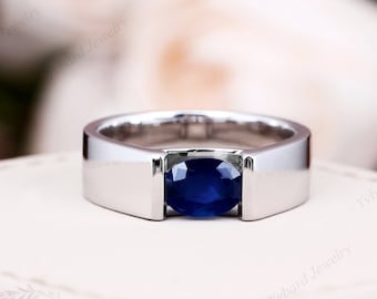 1CT Oval Cut Blue Sapphire Engagement Ring Men Band Solid White Gold Ring Wedding Band Anniversary Bridal September Birthstone Men's Ring