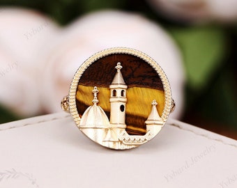 Obrączka ślubna w stylu art déco z naturalnego tygrysiego oka, solidny pierścionek z żółtego złota 14K, pierścionek z kameą w stylu vintage z zamkiem, wyjątkowy prezent na rocznicę ślubu dla kobiet
