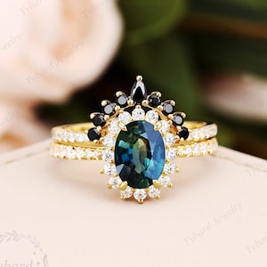 Blue Green Sapphire Engagement Ring Set Oval Cut Teal Sapphire Wedding Set Yellow Gold Halo Diamond Unique Curved Matching Anniversary Ring