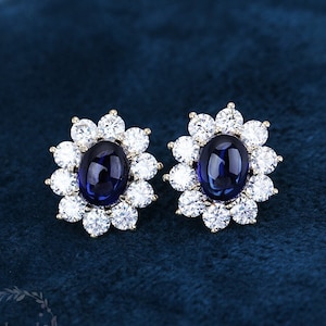 Solid 18K/14K/10K Yellow Gold Sapphire Earrings 7*9mm Oval Cabochon Shape Lab Created Blue Sapphire Stud Earrings Cluster Bridal Earrings