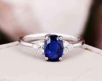 Anillo de compromiso vintage de oro macizo con zafiro azul de corte ovalado, anillo de bodas único de moissanita en racimo, anillos de aniversario para mujer.